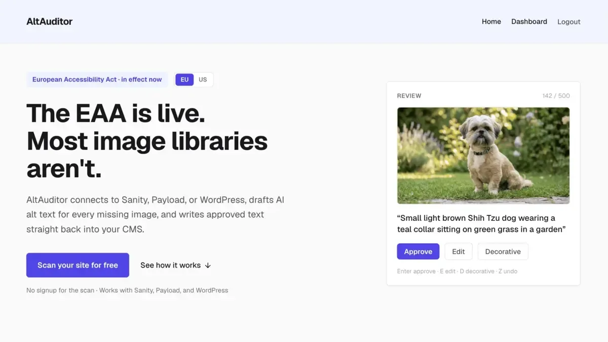 AltAuditor landing page with headline about the EAA and a sidebar card showing a small light‑brown Shih Tzu sitting on grass